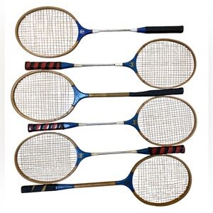 6 Vintage Wooden And Metal Badminton Rackets Victoria & Ace Brand